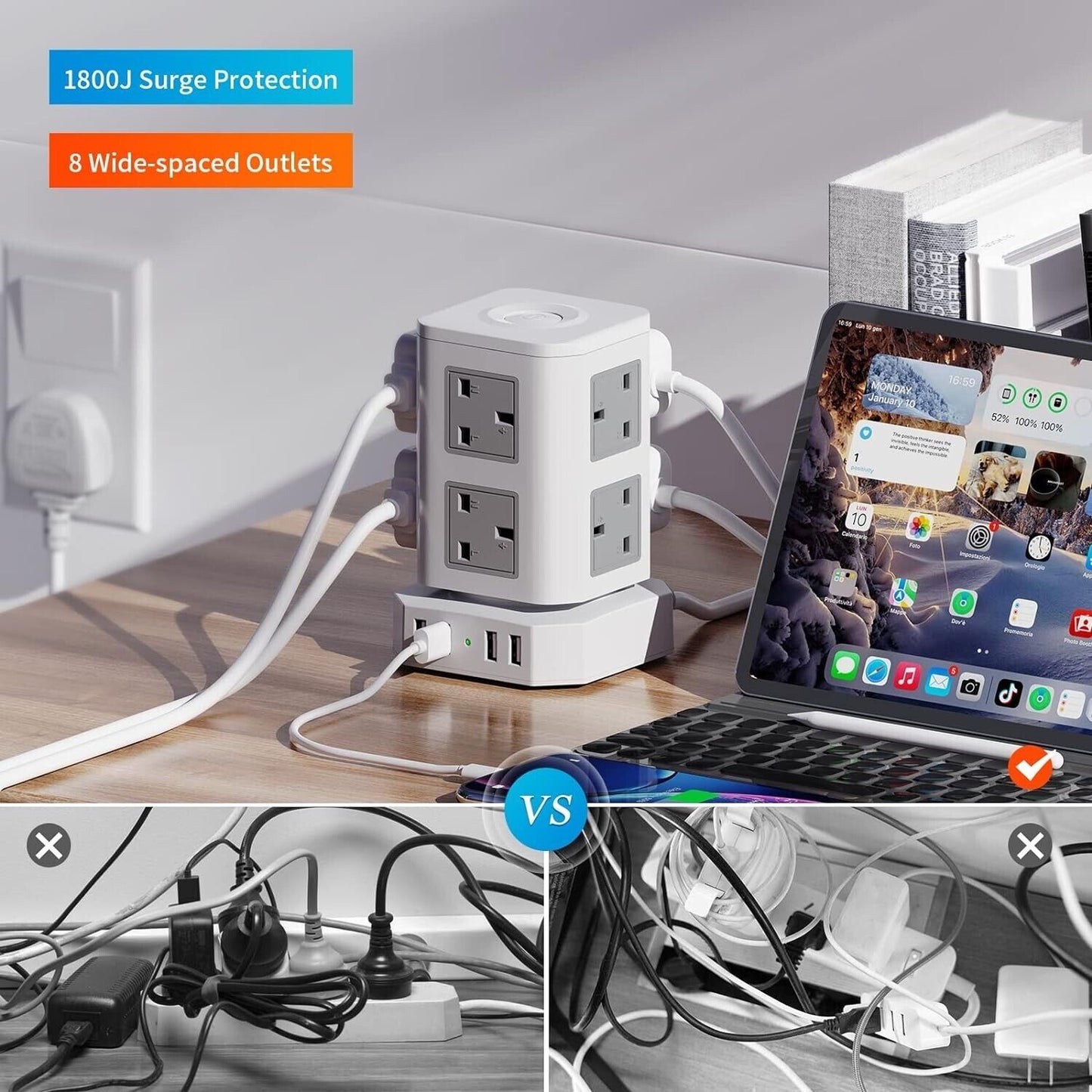 HAFINO 1800J surge protection power strip tower with 8 wide spaced outlets on desk with laptop