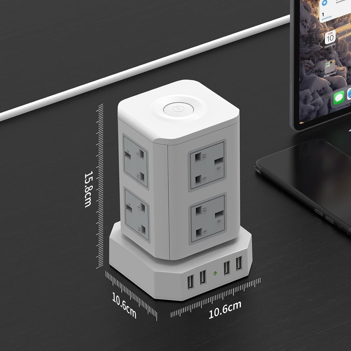 HAFINO white power strip tower with multiple UK outlets and USB ports on black desk