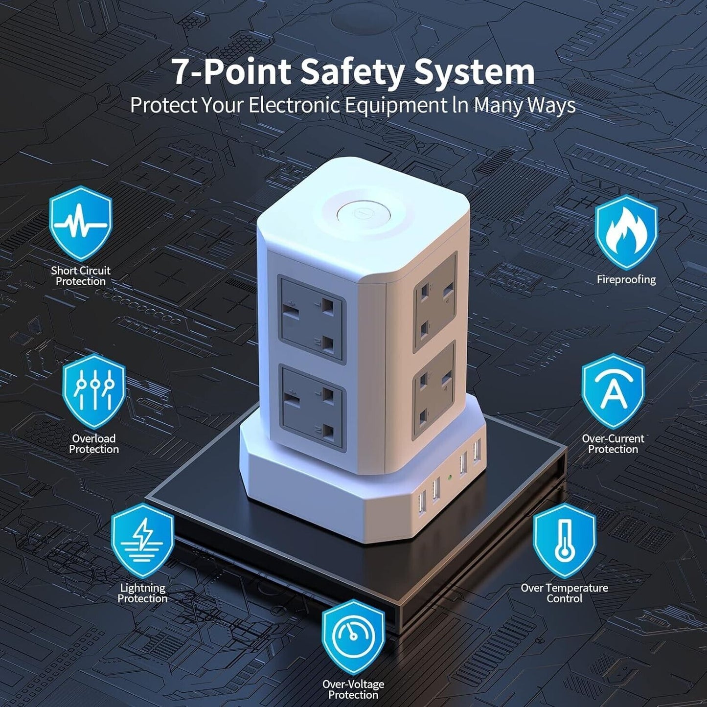 HAFINO 7-point safety system power strip with multiple outlets and protection features