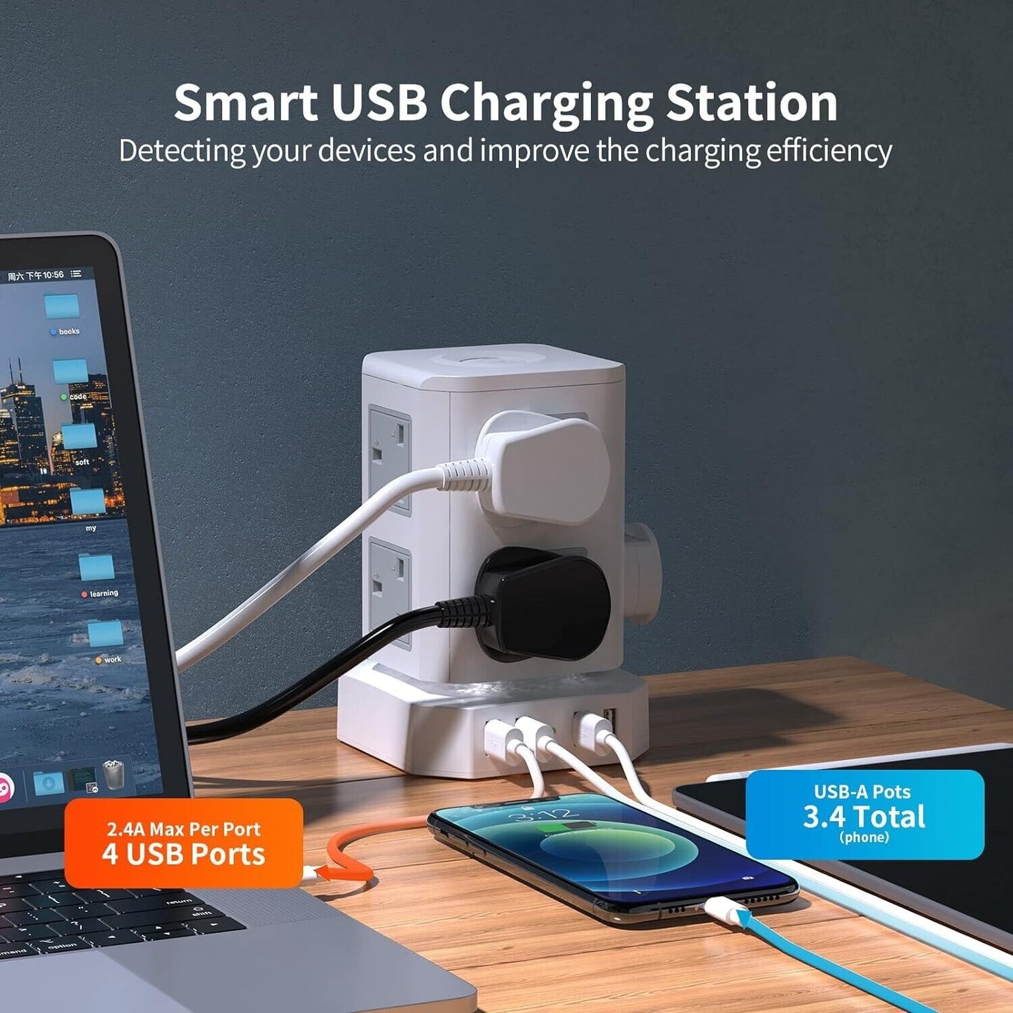 Smart USB charging station with 4 ports charging laptop and smartphone on wooden desk