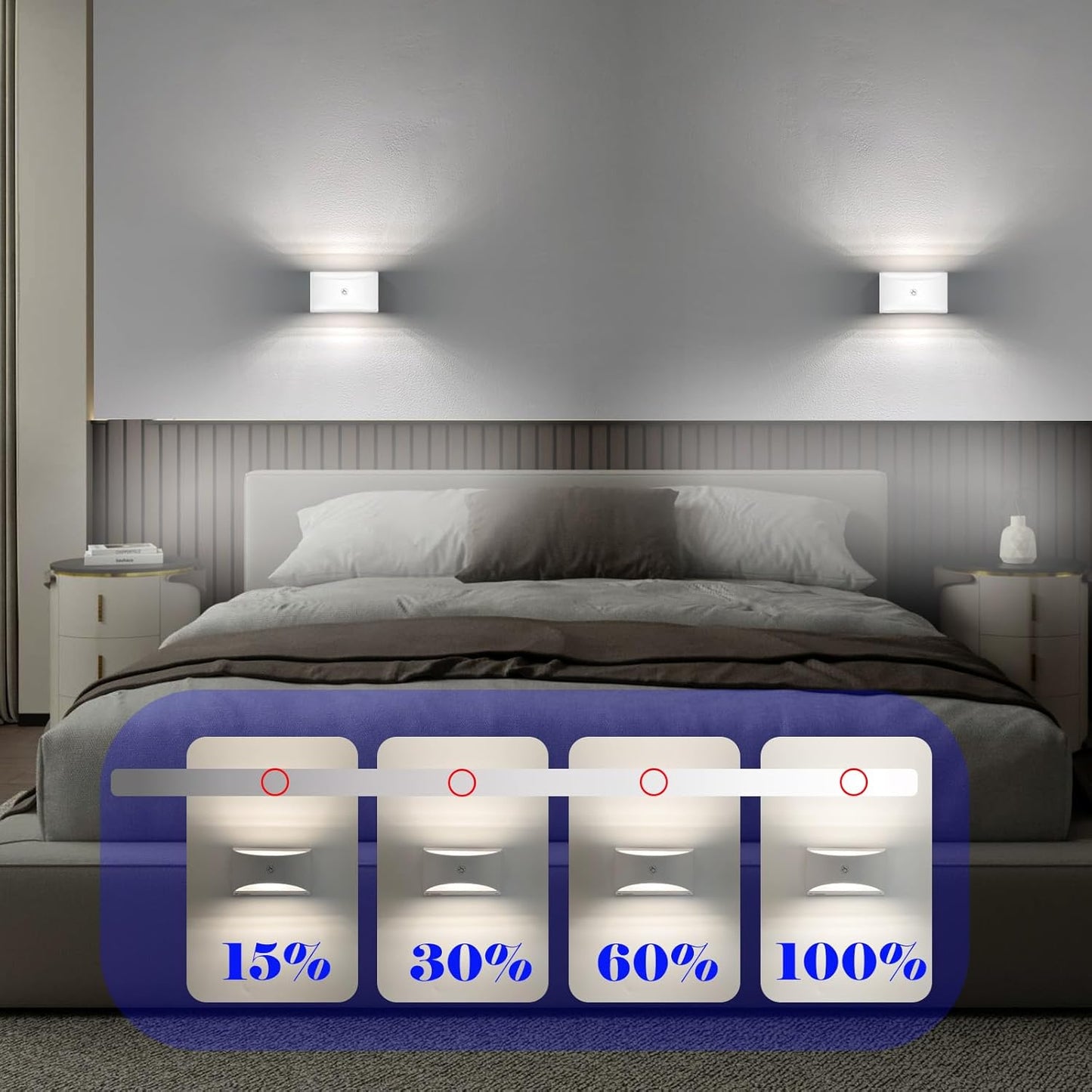 Joyes homeware wall lights above bed showing adjustable brightness levels at 15, 30, 60, and 100 percent