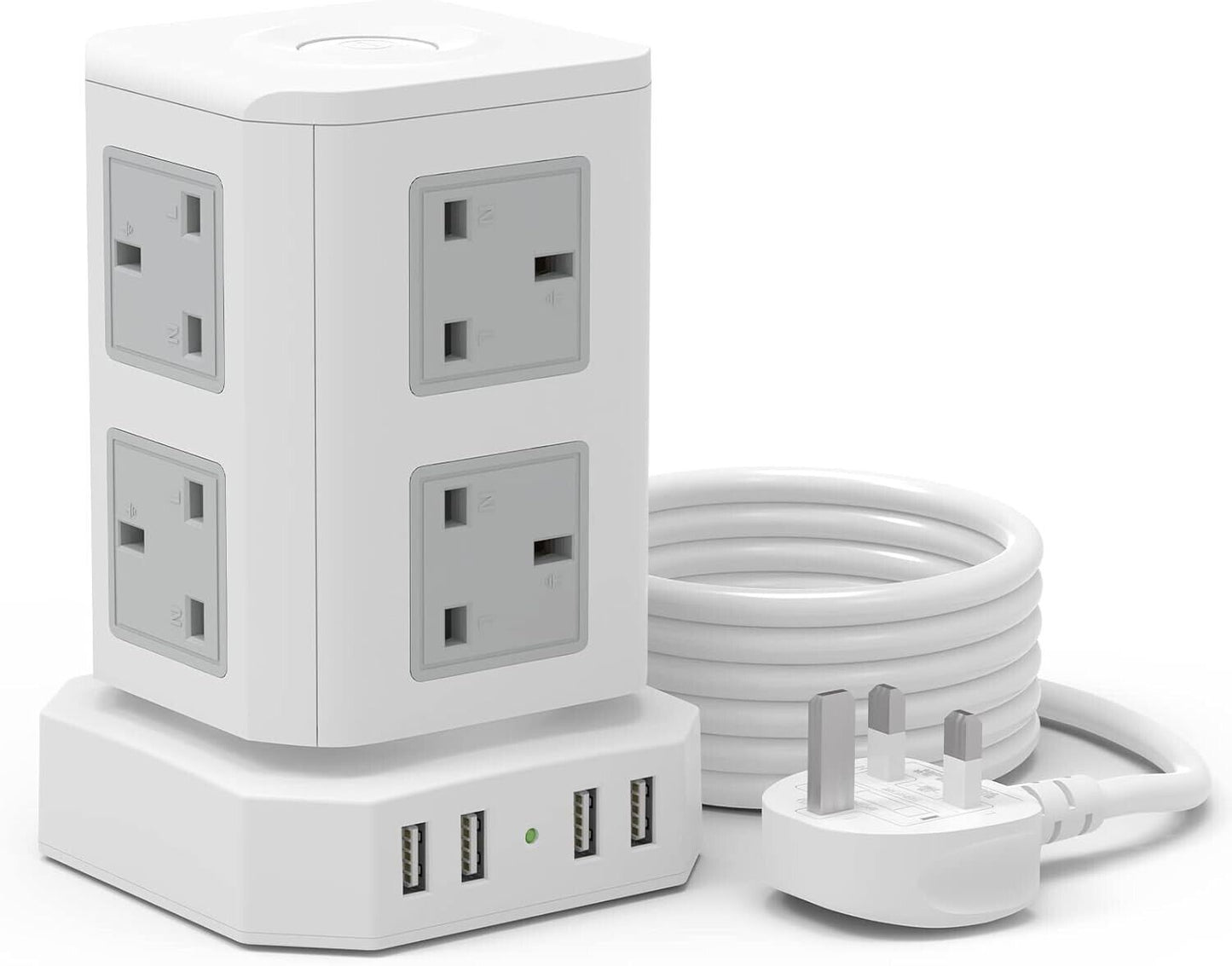 HAFINO white vertical power strip tower with multiple UK outlets and USB ports with long cord