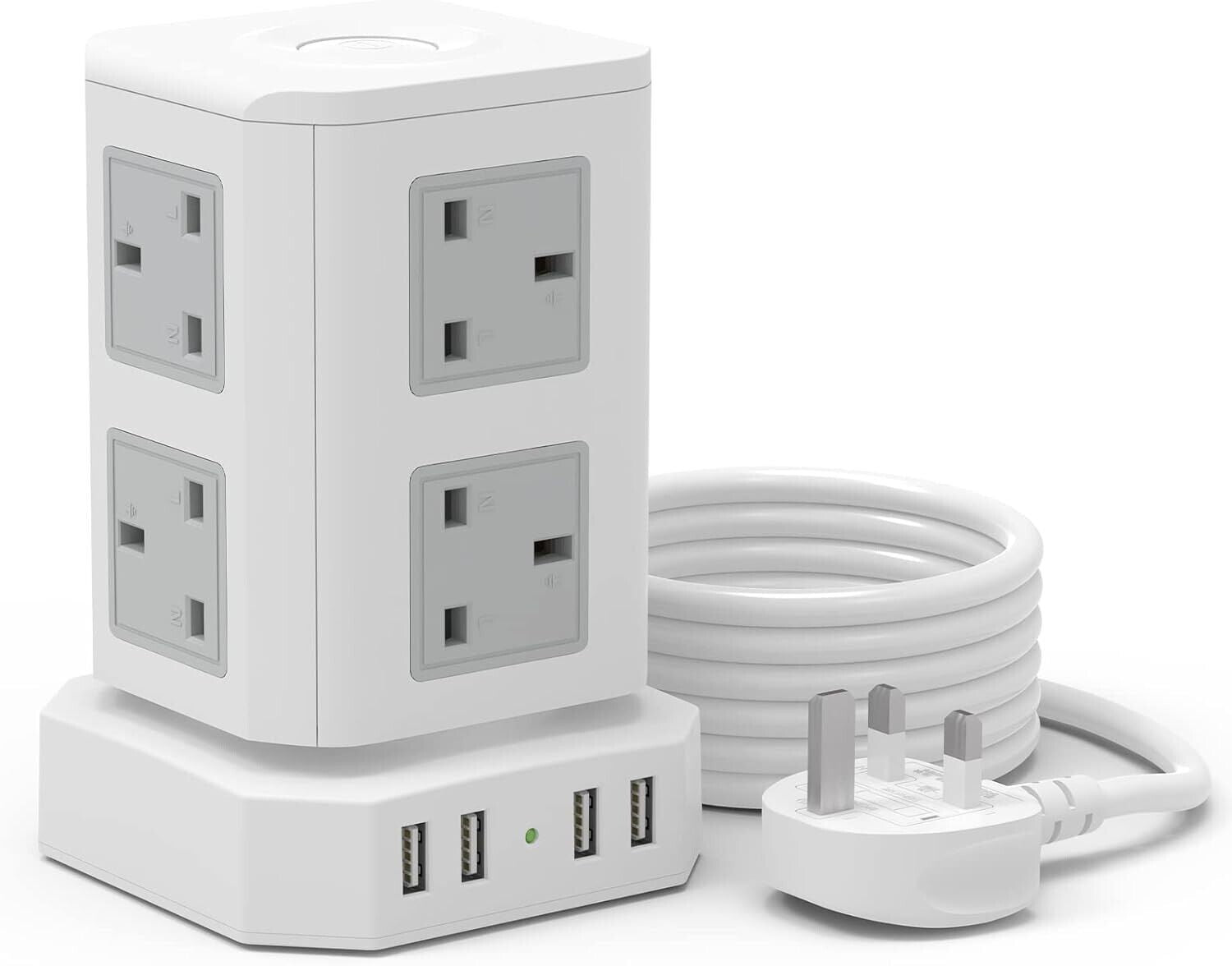 HAFINO white vertical power strip tower with multiple UK outlets and USB ports with long cord