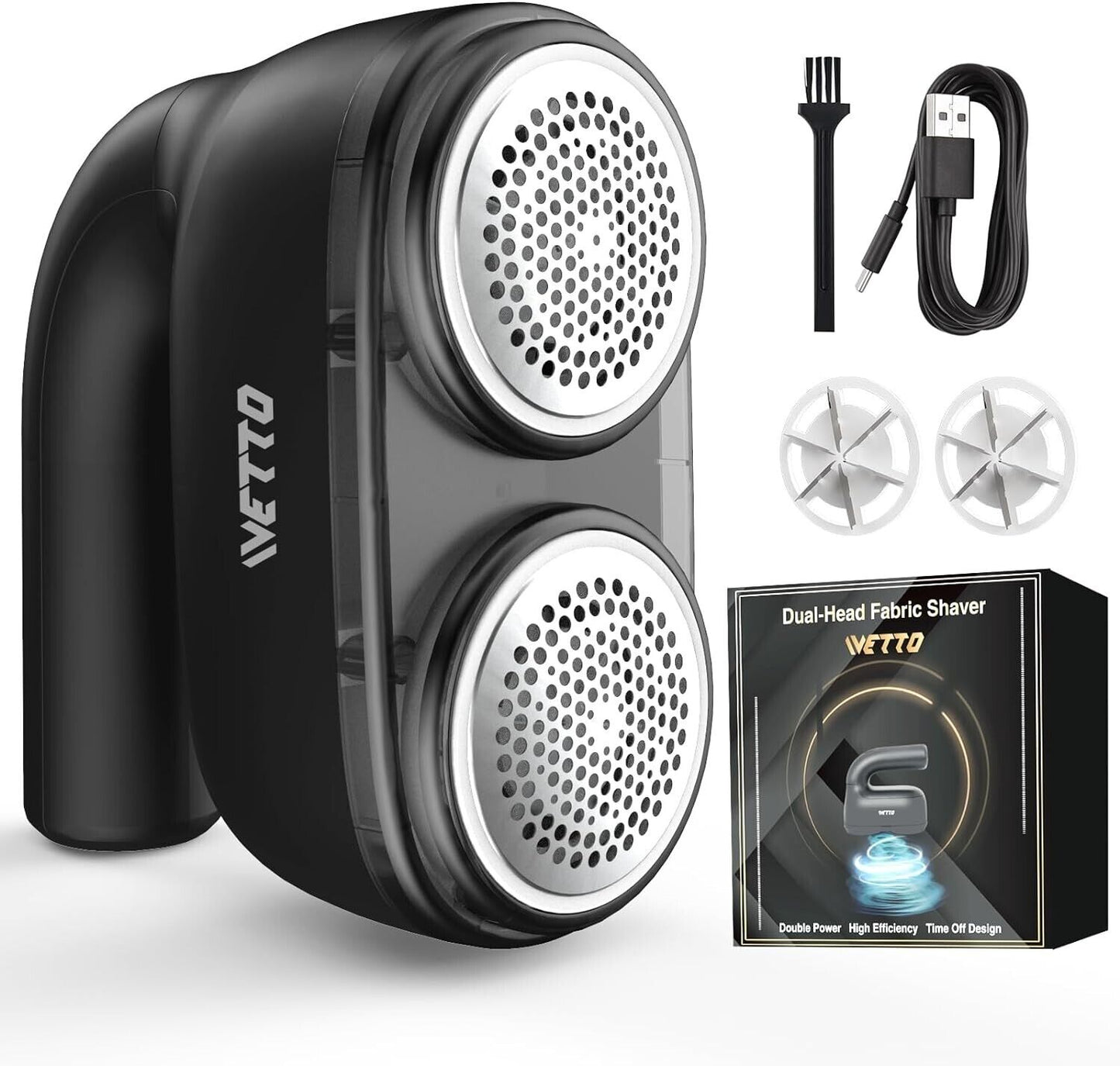 iVetto electric fabric shaver with dual-head design, USB cable and extra blades for efficient lint removal