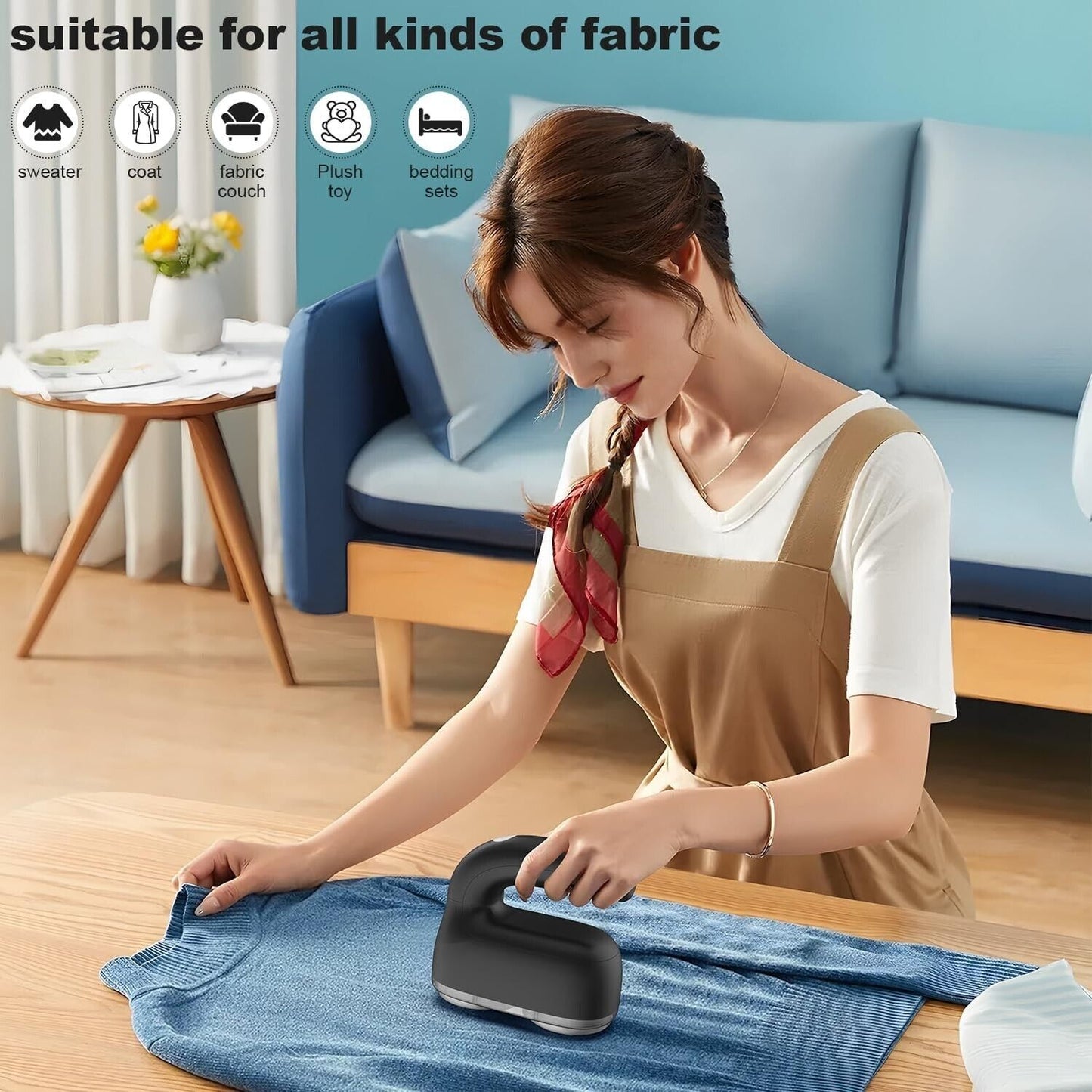 iVetto electric fabric shaver in use on a garment to remove lint and pilling for a refreshed look