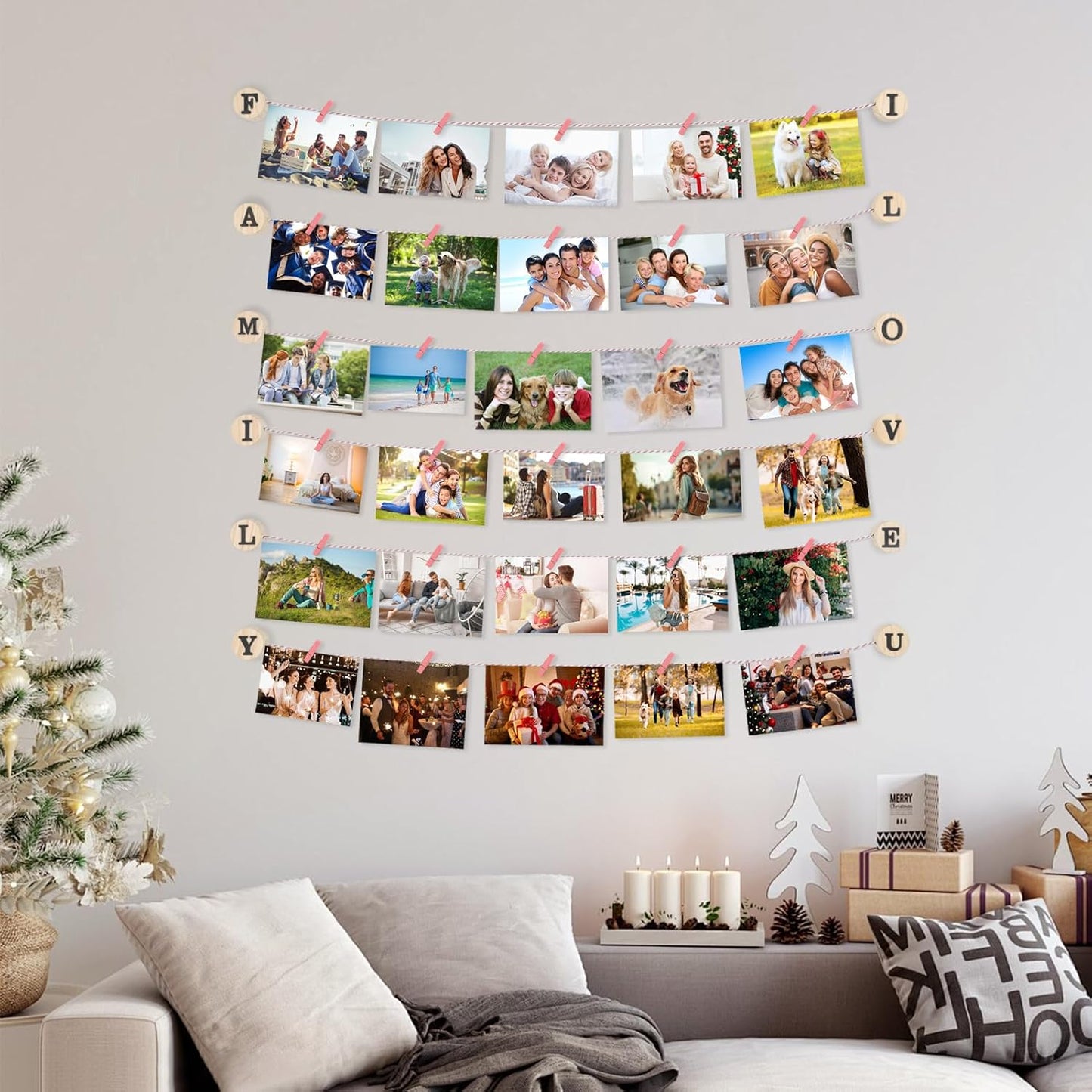Wall mounted photo holder pink showcasing family photos in a decorative arrangement on a living room wall
