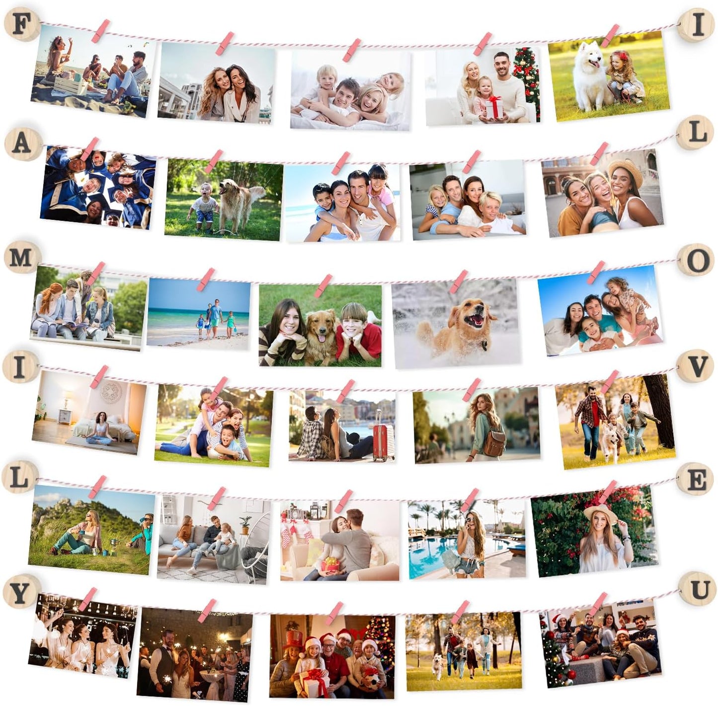 Wall mounted photo holder pink displaying family memories with vibrant images clipped on twine