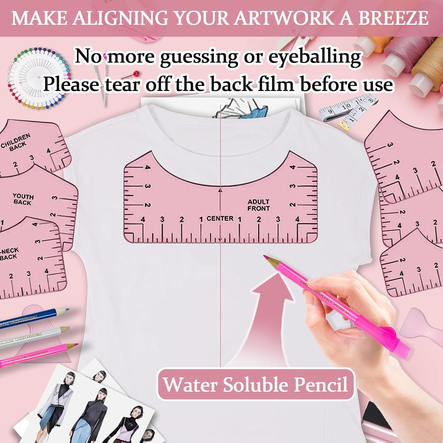 Sublimation shirt tool kit with alignment guides and water soluble pencil for easy artwork positioning