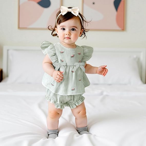 Adorable Barbotimer watermelon baby girl outfit featuring a ruffled top and matching bloomers