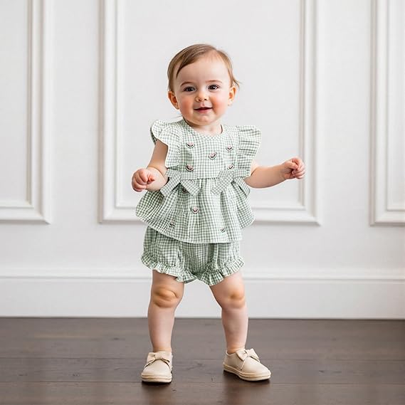 Adorable watermelon baby girl outfit featuring a green gingham top and matching shorts for stylish toddlers