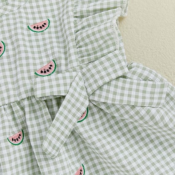 Barbotimer watermelon baby girl outfit in green gingham with cute watermelon embroidery