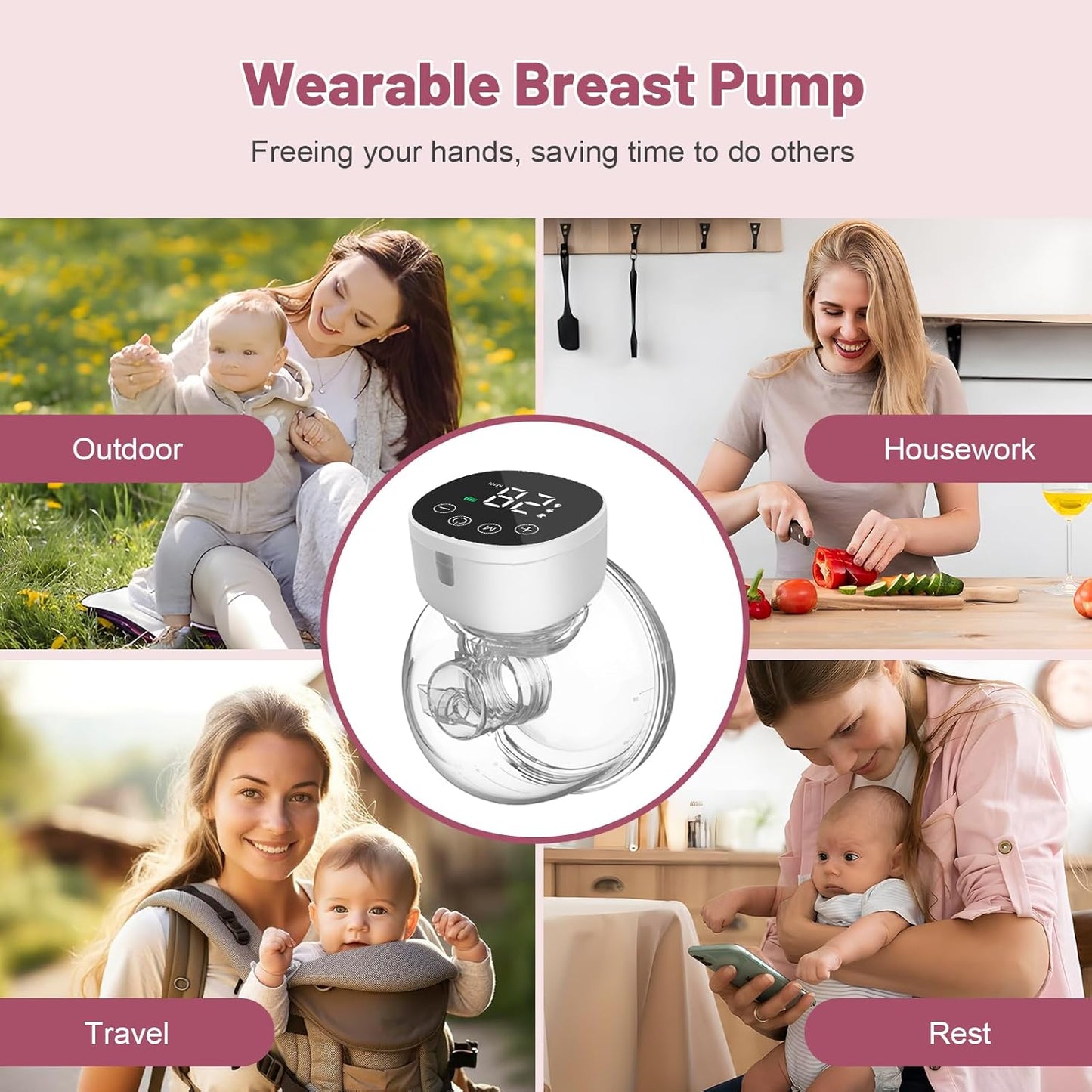 Wearable breast pump hands free for busy mothers, ideal for outdoor, housework, travel, and rest
