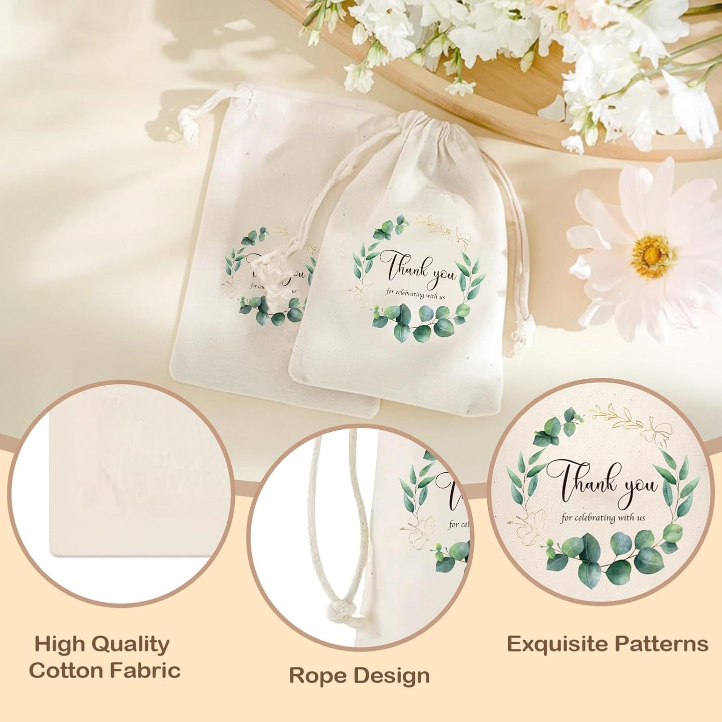 GiftGem wedding favour bags cotton linen with exquisite patterns and high-quality fabric