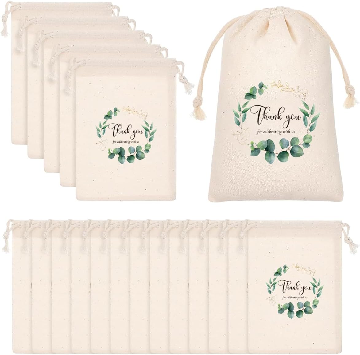 Set of wedding favour bags cotton linen with floral design and 'Thank you' message, ideal for celebrations