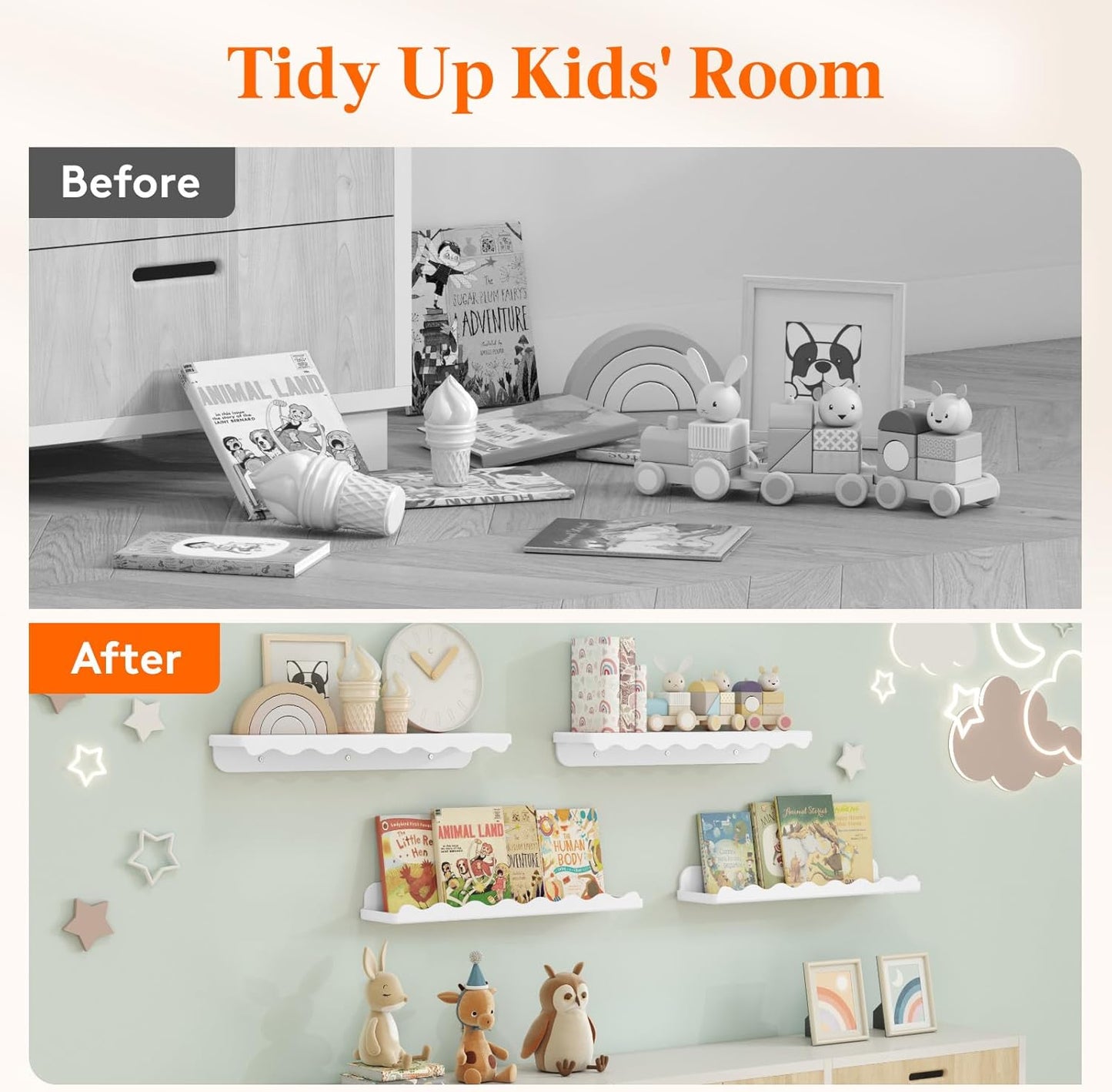 Before and after kids' room organisation featuring white cloud floating wall shelves for playful decor