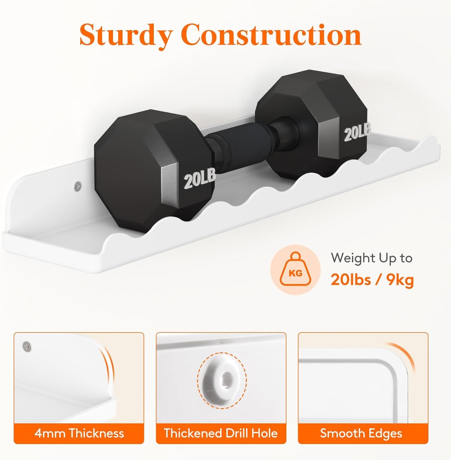 Lifewit white cloud floating wall shelves displaying a dumbbell with sturdy construction and smooth edges