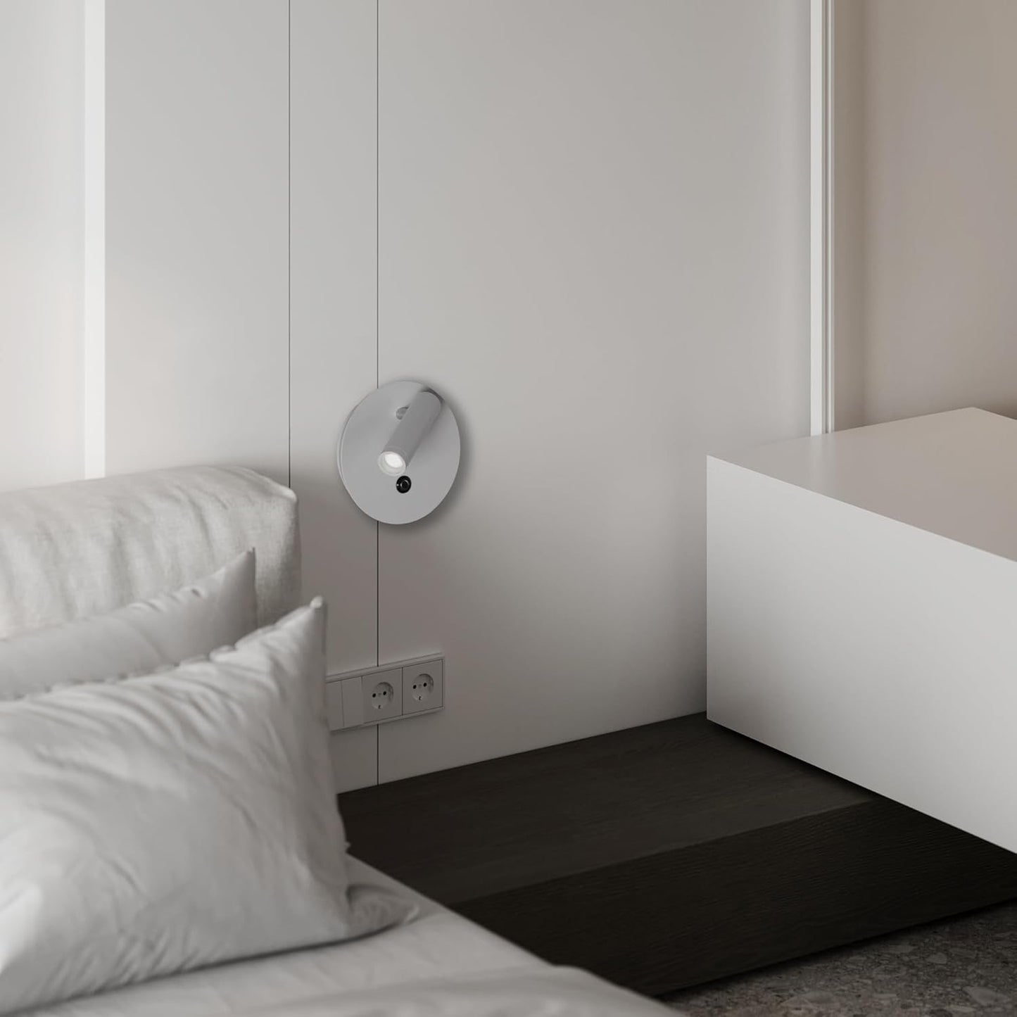 Aisilan white LED wall sconce with touch control mounted on a wall beside a bed for modern lighting