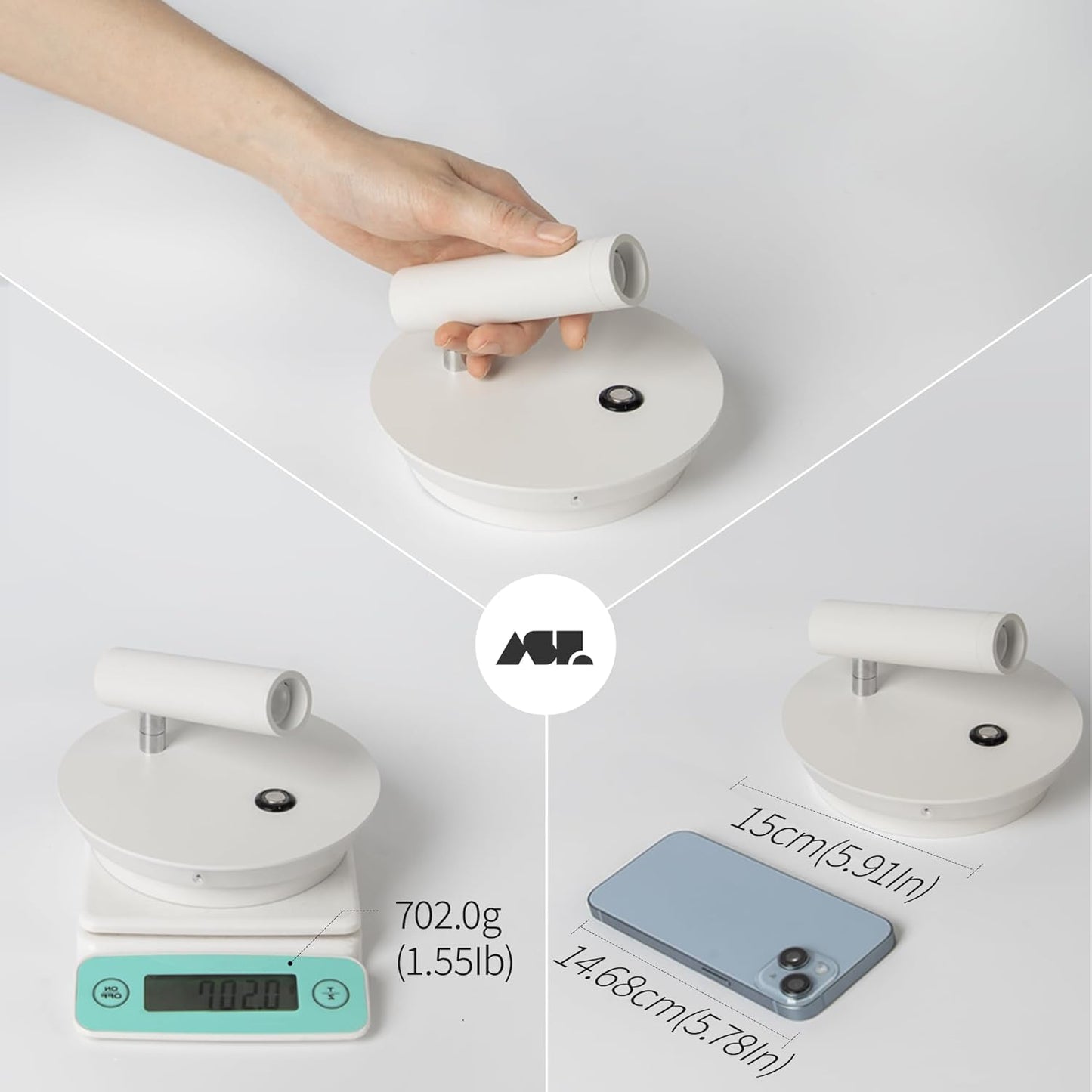 Aisilan white LED wall sconce with touch control on a weighing scale and next to a smartphone for size comparison