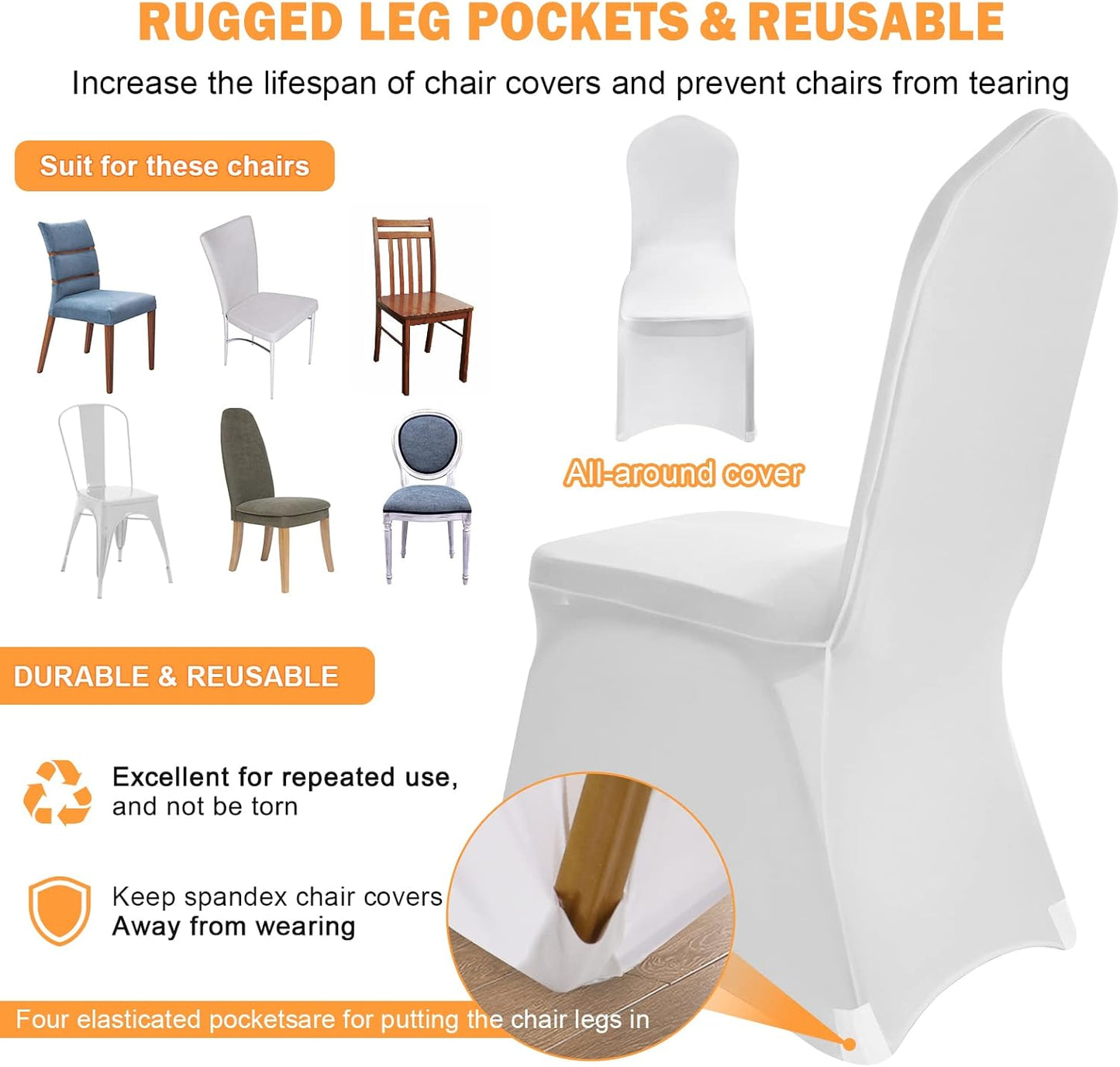 VELPAX white polyester stretch chair covers for various chair styles, durable and reusable design