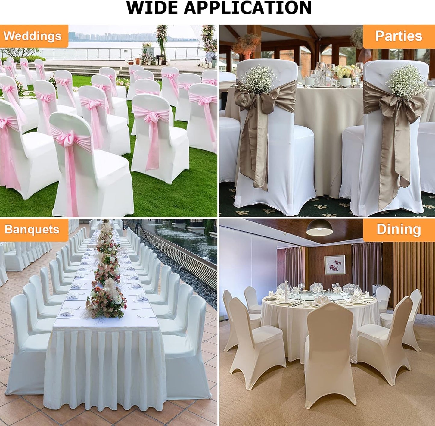 VELPAX white polyester stretch chair covers suitable for weddings, parties, banquets, and dining events