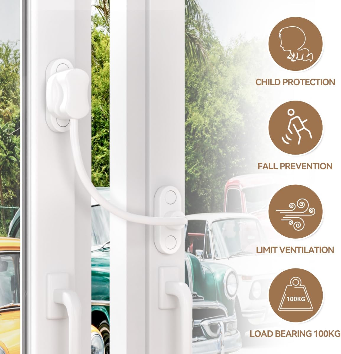 Bwintech white window restrictor pack for child protection and fall prevention with adjustable ventilation
