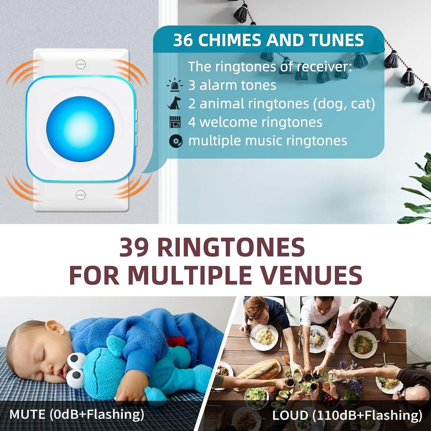 Wireless door alarm sensor with 39 ringtones for enhanced home security and alerts