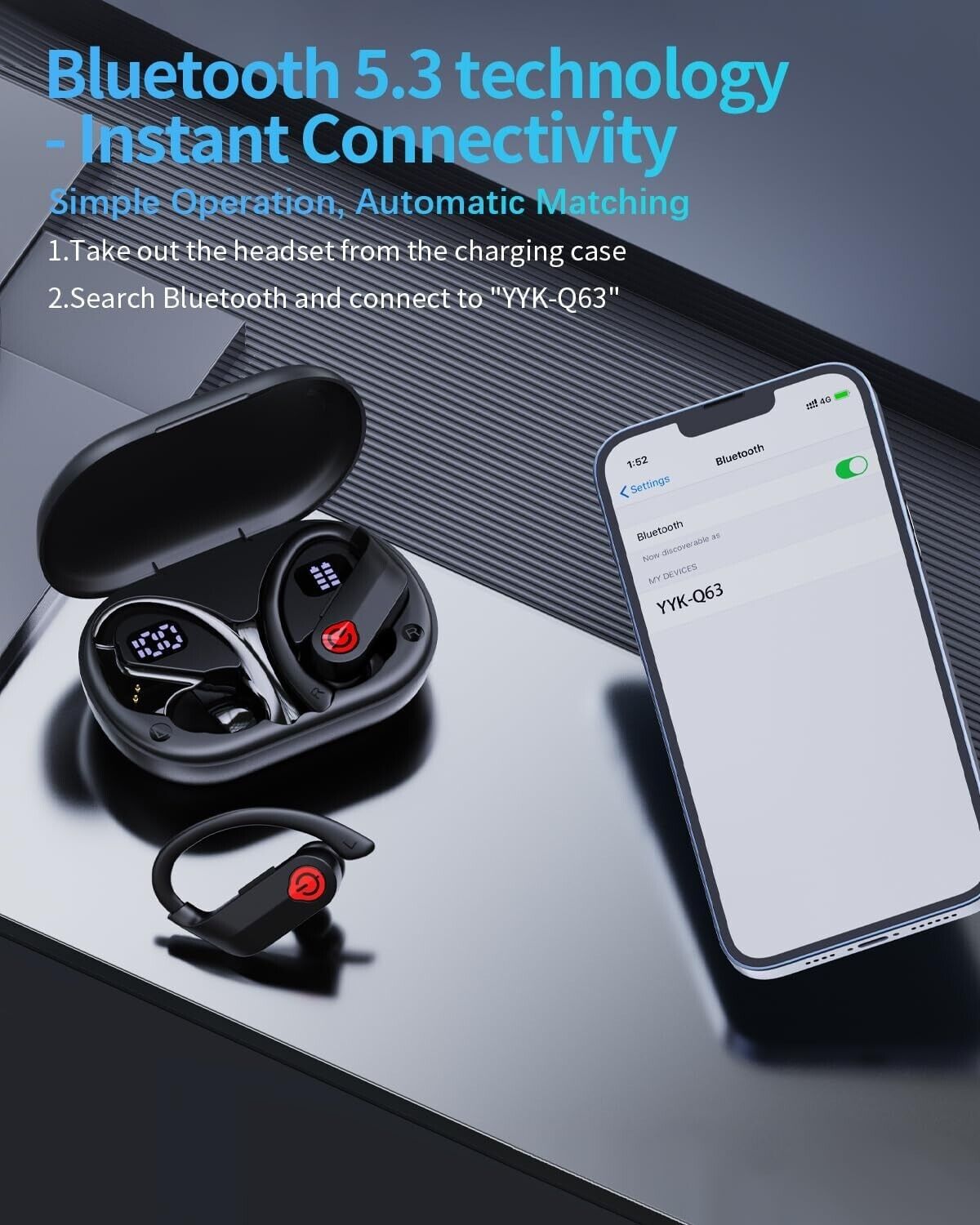 Wireless earbuds with charging case featuring Bluetooth 5.3 technology for instant connectivity