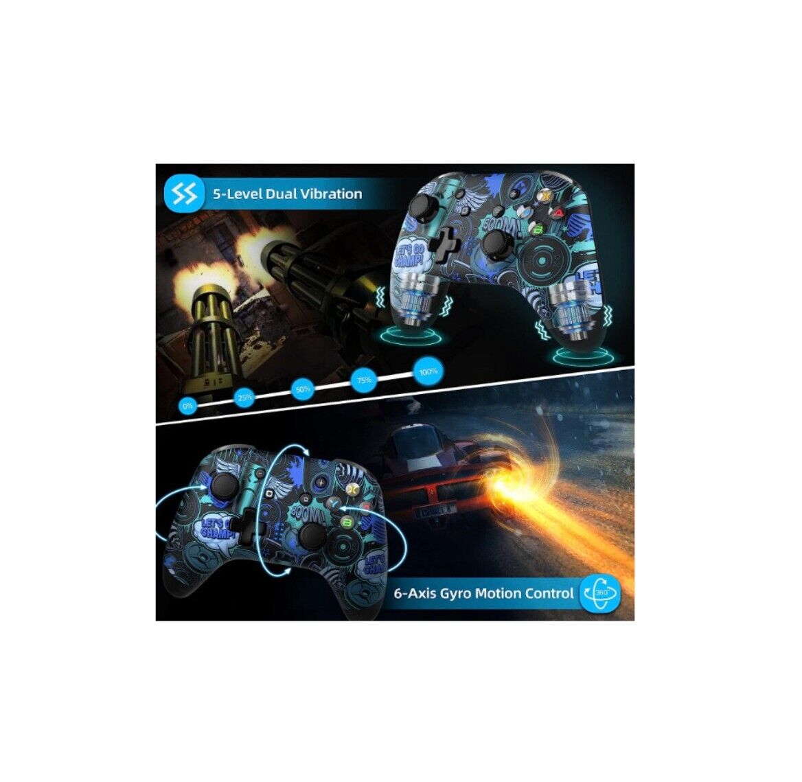 Wireless gamepad controller for Nintendo Switch with 5-level vibration and 6-axis gyro motion control