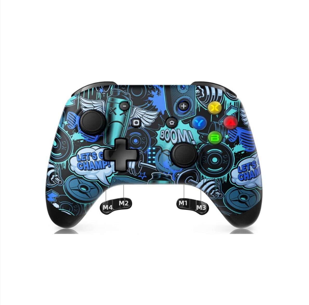 Wireless gamepad controller for Nintendo Switch featuring a colourful graphic design with playful motifs