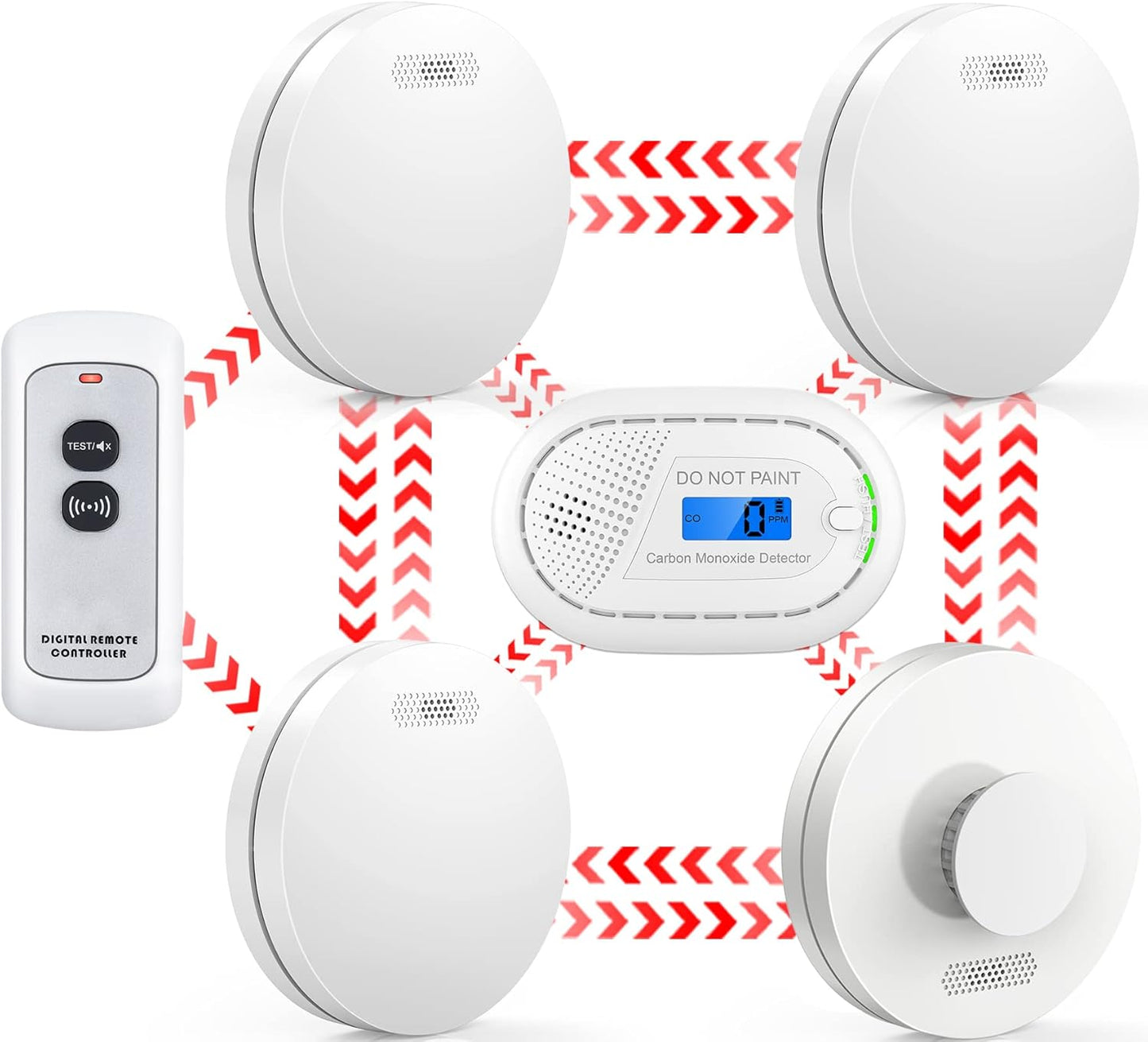 CPVan wireless interlinked smoke and carbon monoxide alarm system with remote control and LED indicators