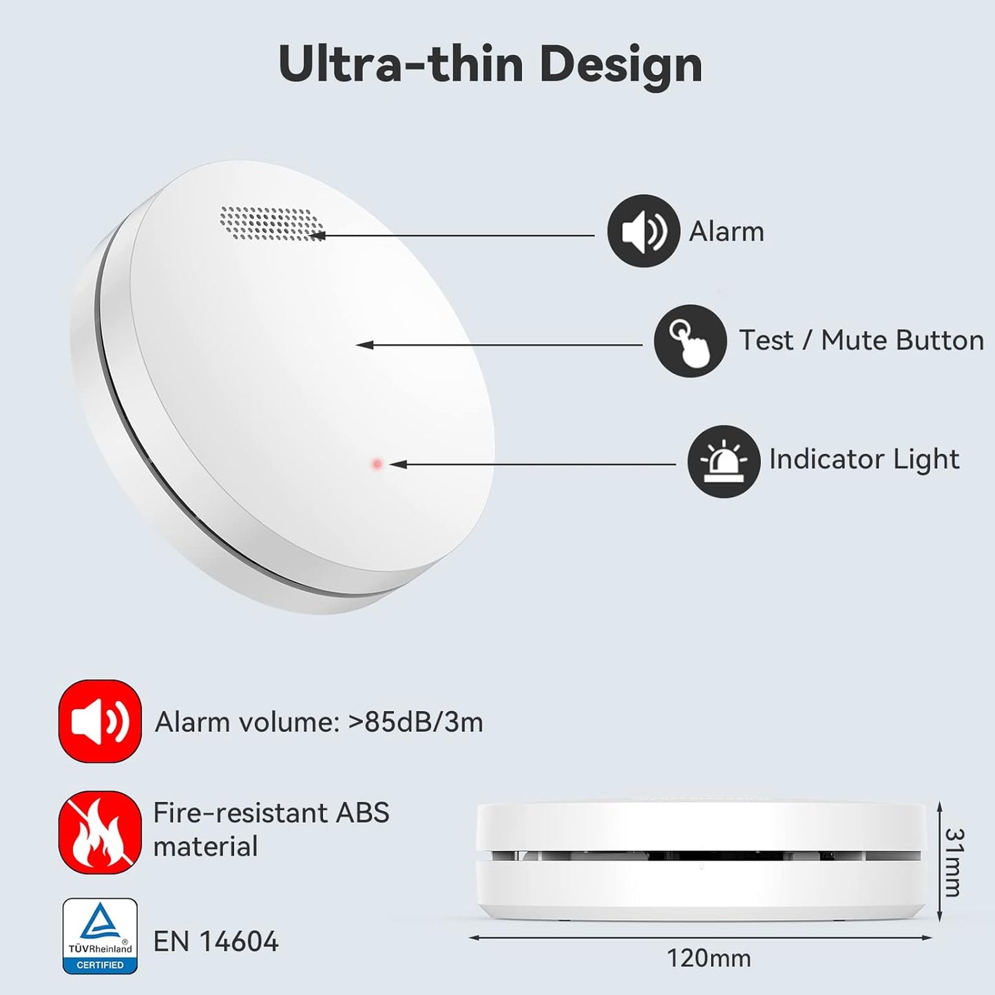 CPVan wireless interlinked smoke and carbon monoxide alarm with ultra-thin design and test button