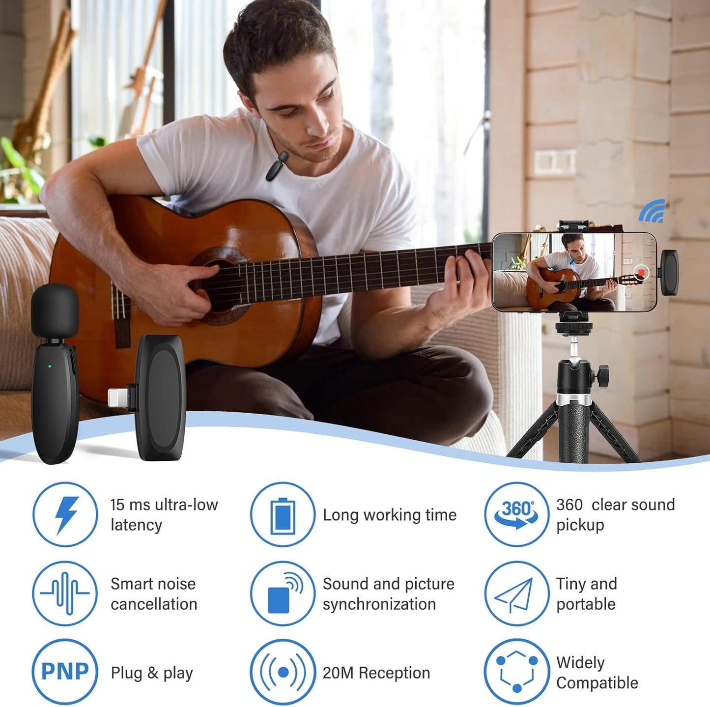 BALORIZ wireless lavalier microphone for clear sound pickup in a portable design while recording video