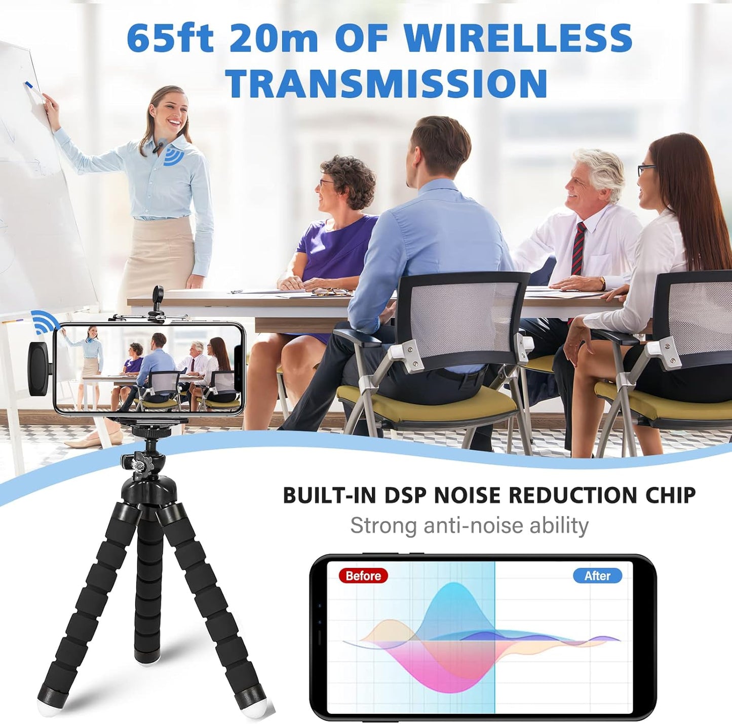 BALORIZ wireless lavalier microphone with 65ft range and built-in DSP noise reduction for clear audio