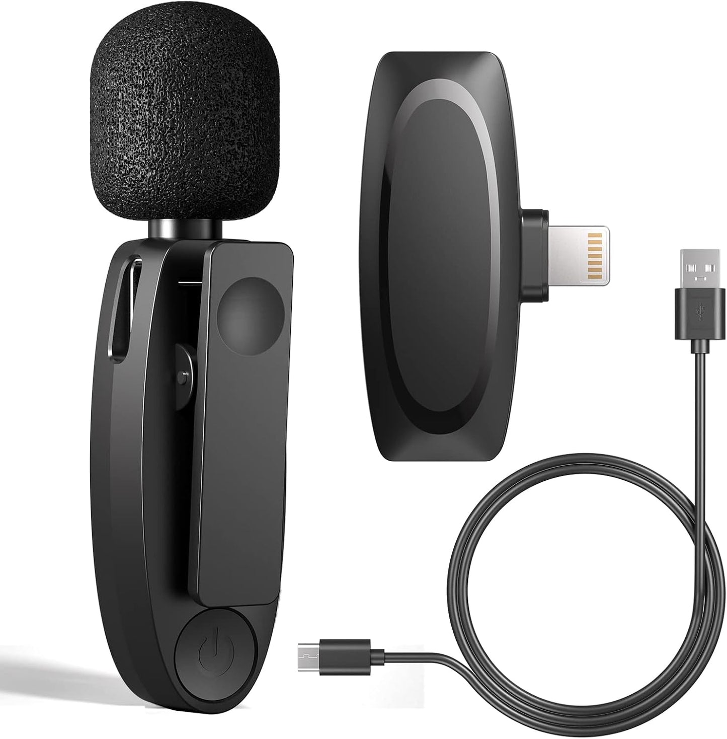 BALORIZ wireless lavalier microphone with clip, USB connector, and charging cable for clear audio recording