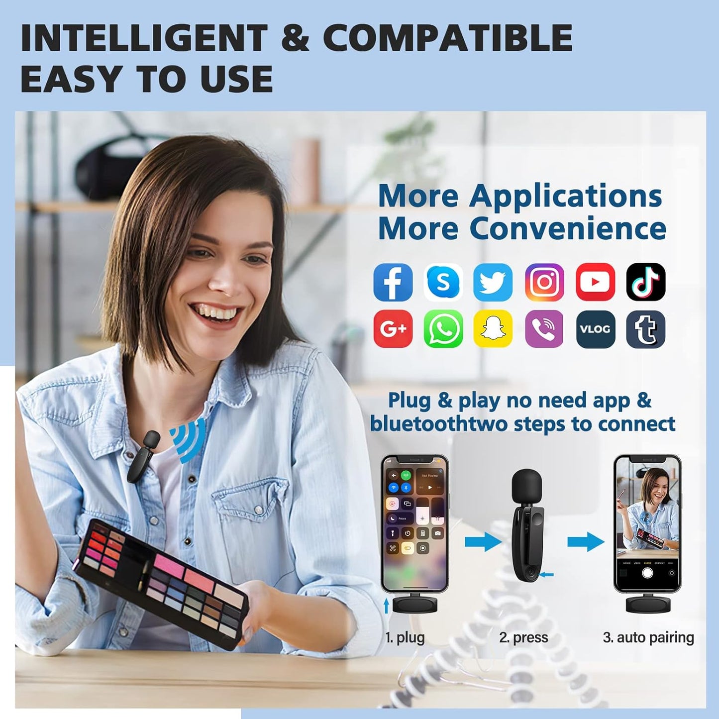 BALORIZ wireless lavalier microphone for easy plug and play connection with smartphones and apps