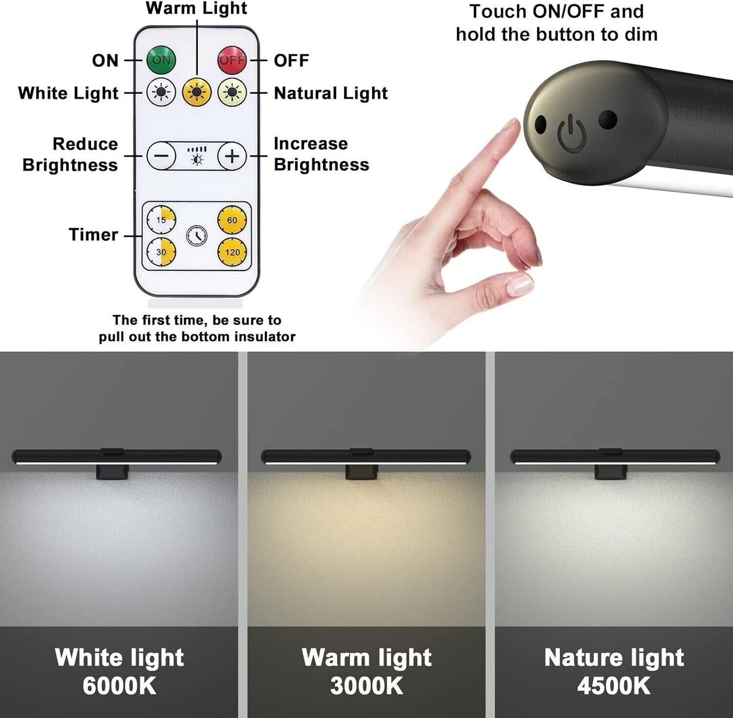 Wireless picture light rechargeable with adjustable brightness in warm, white, and natural light options