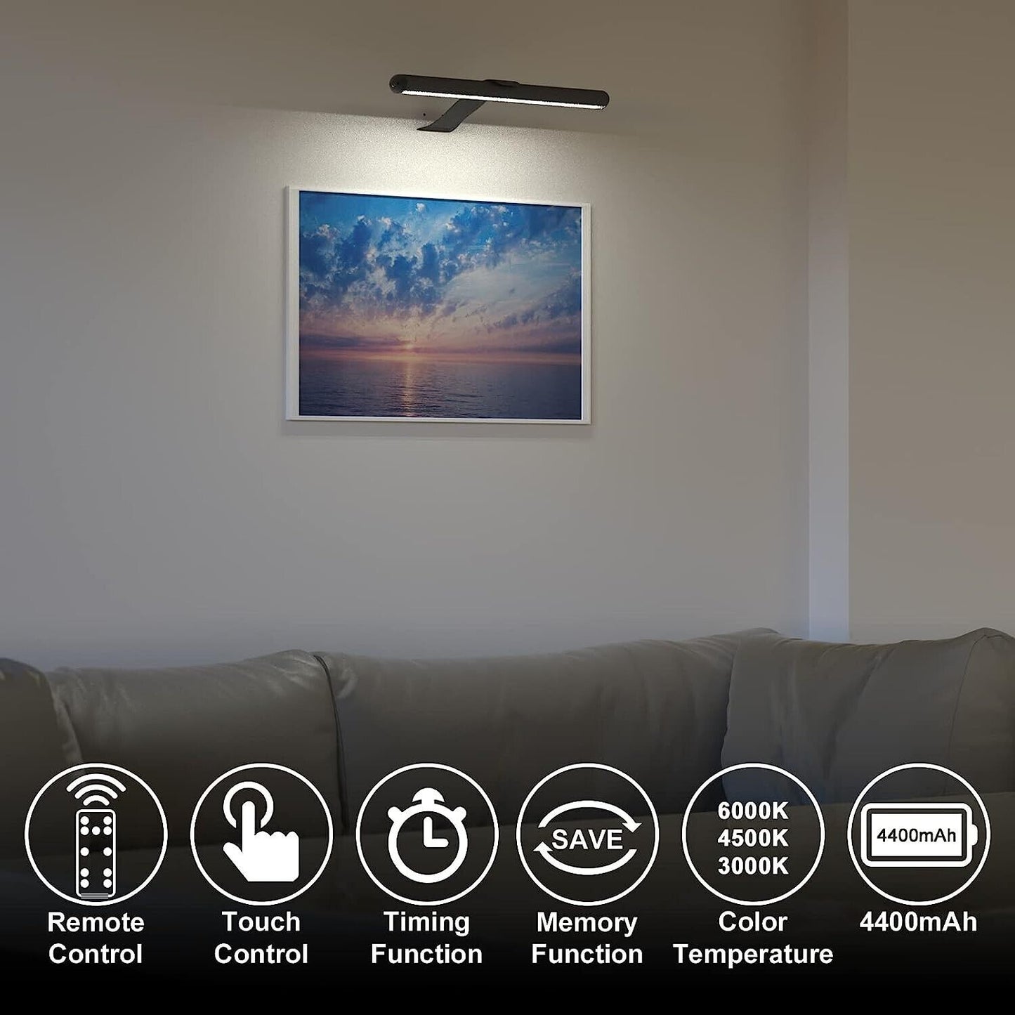 Wireless picture light rechargeable with remote control for easy artwork illumination