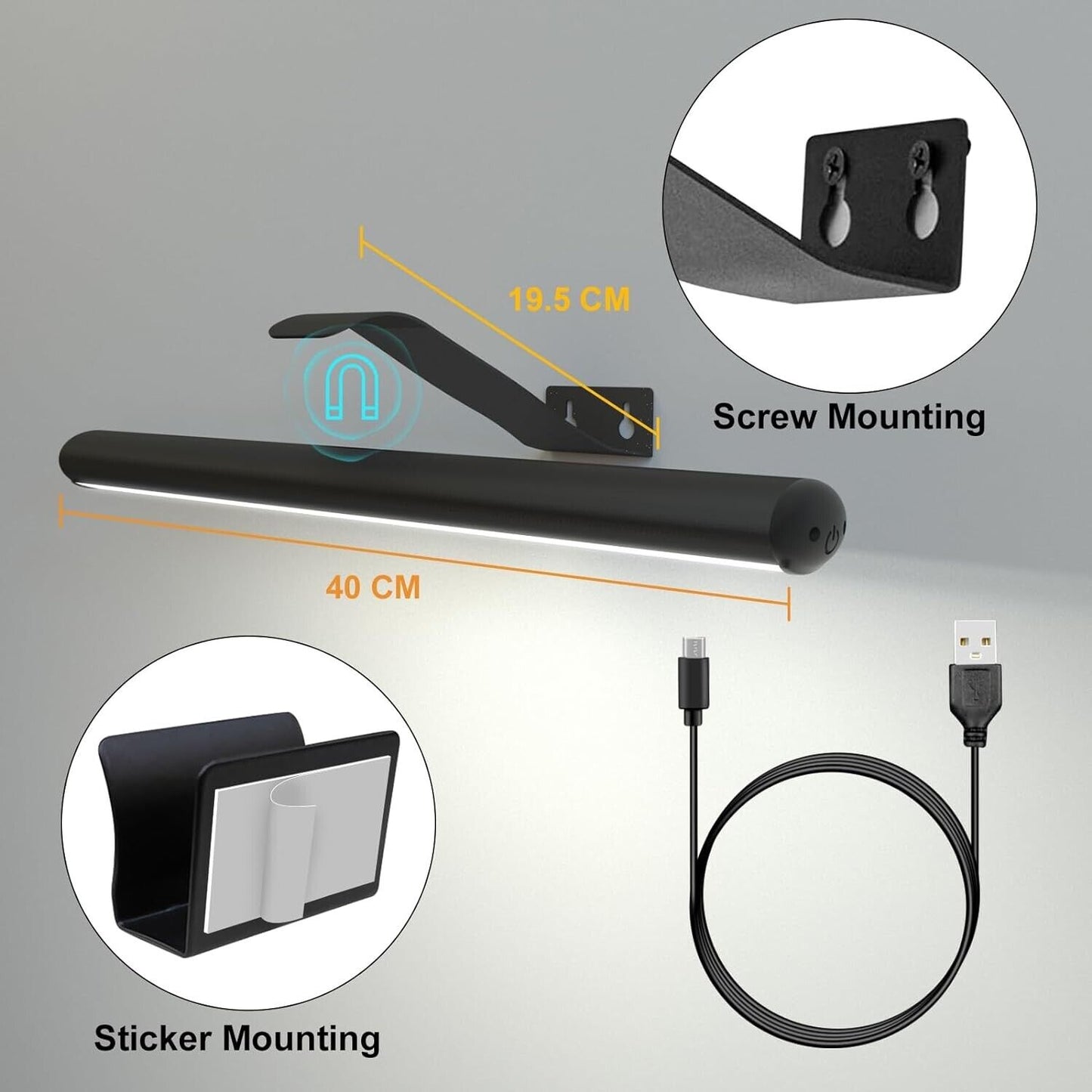 Wireless picture light rechargeable in black with mounting options and USB charging cable included