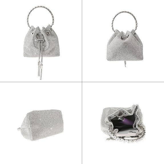 COAIMANEY women's evening clutch bag in silver with a drawstring closure and sparkling design
