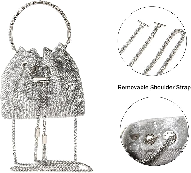 Stylish silver women's evening clutch bag with removable shoulder strap and chain detail