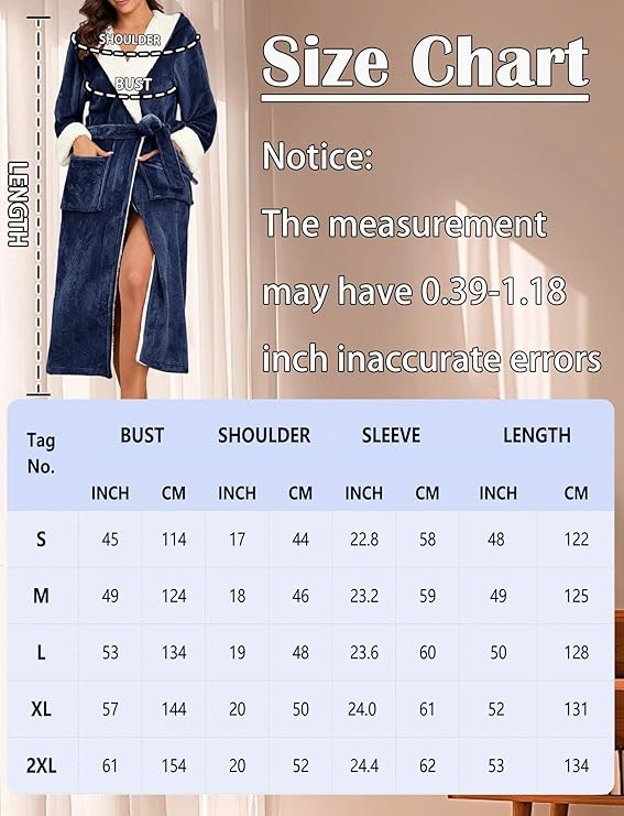 Size chart for FEOYA women's fleece hooded dressing gown featuring measurements for different sizes