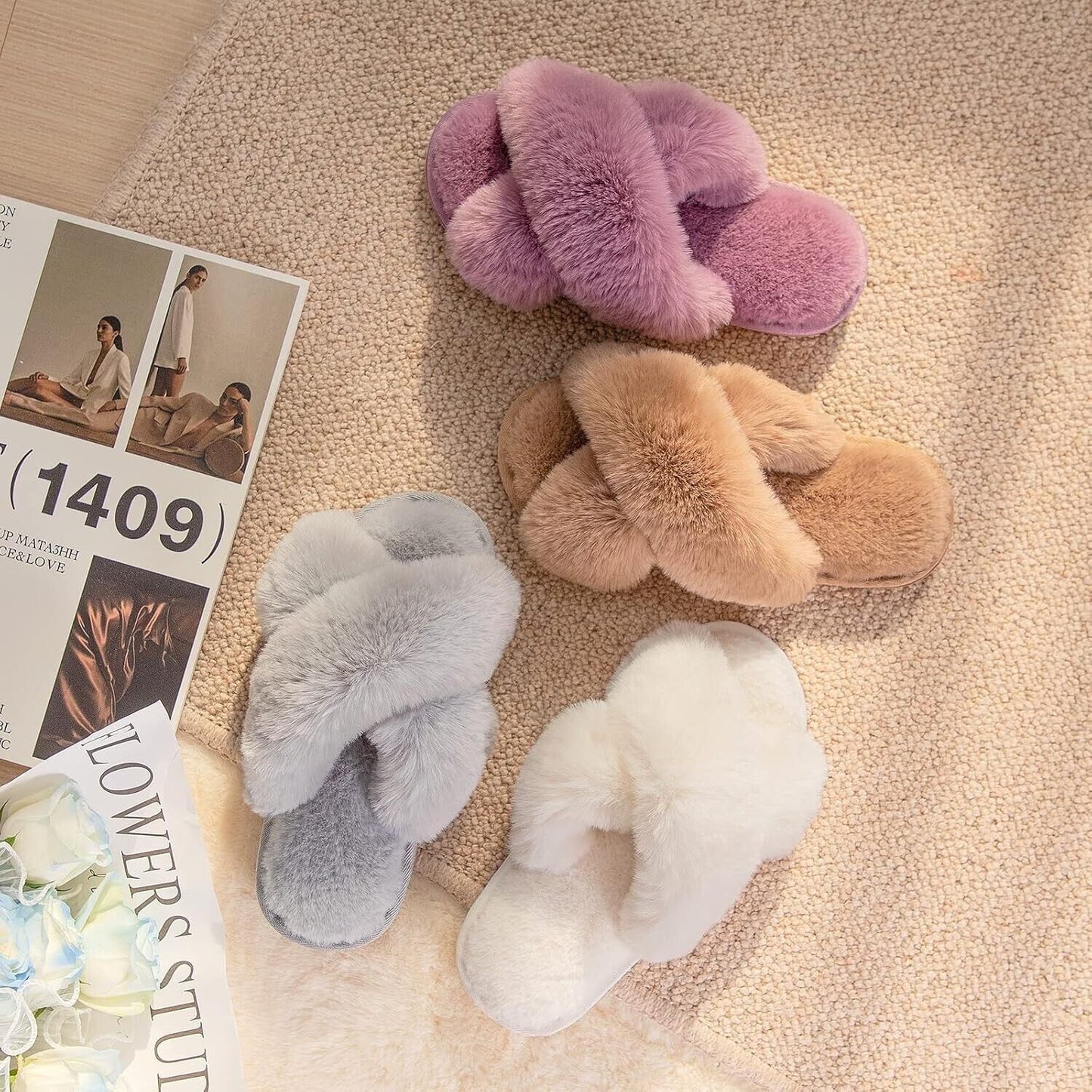 JaneTroides women's fuzzy slippers in pink, purple, beige, and grey for cosy footwear at home
