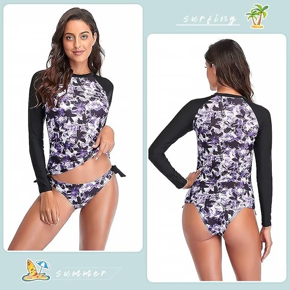 Sillictor women's rash guard swimsuit set with long sleeves and stylish floral pattern for beach activities