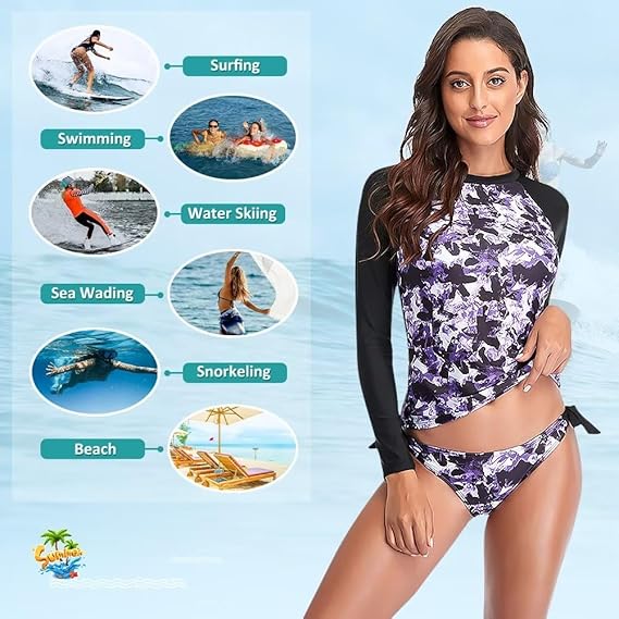 Sillictor women's rash guard swimsuit set suitable for surfing, swimming, and water activities