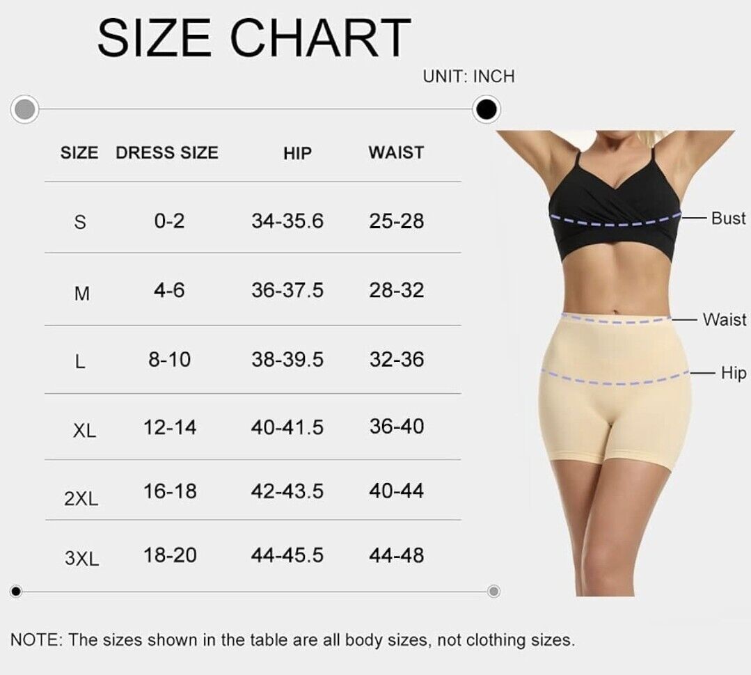 Size chart for womens seamless slip shorts showing various sizes and measurements for a perfect fit