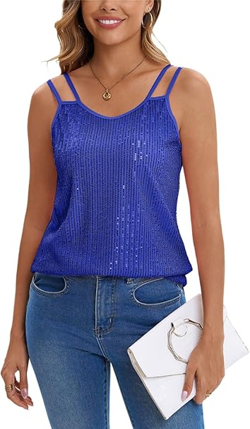 Suncife womens sequin v neck top in blue with stylish double straps for a trendy look