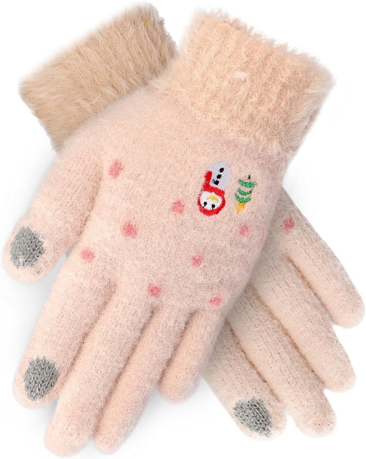 Women's touchscreen winter gloves in soft pink with playful snowman design and touch-friendly fingertips