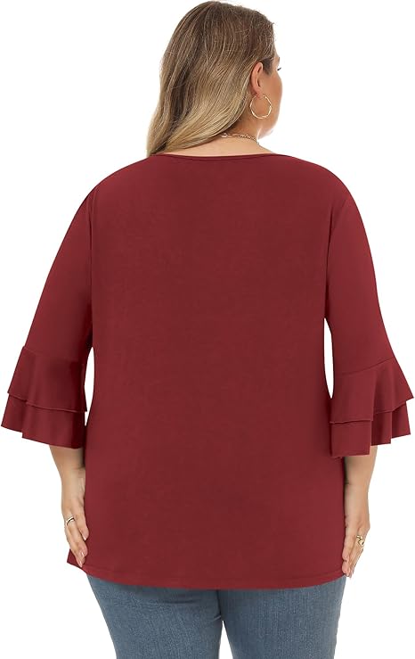 Back view of a women's XL red blouse with flared sleeves, perfect for casual wear