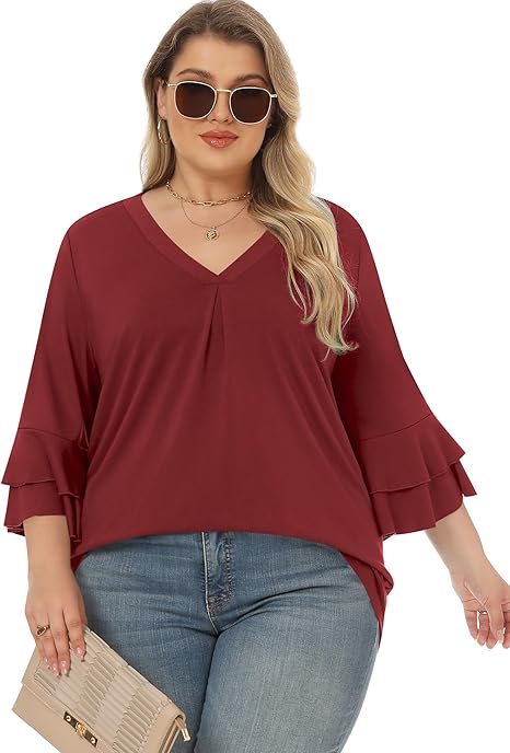 Rapbin women's XL red blouse with flared sleeves and a V-neckline, perfect for stylish casual wear