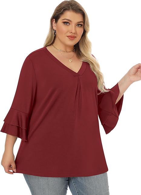 Stylish women's XL red blouse with flared sleeves and a V-neck design by Rapbin